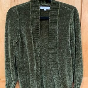 Soft cardigan sweater, beautiful moss green color. Hits just below hips.